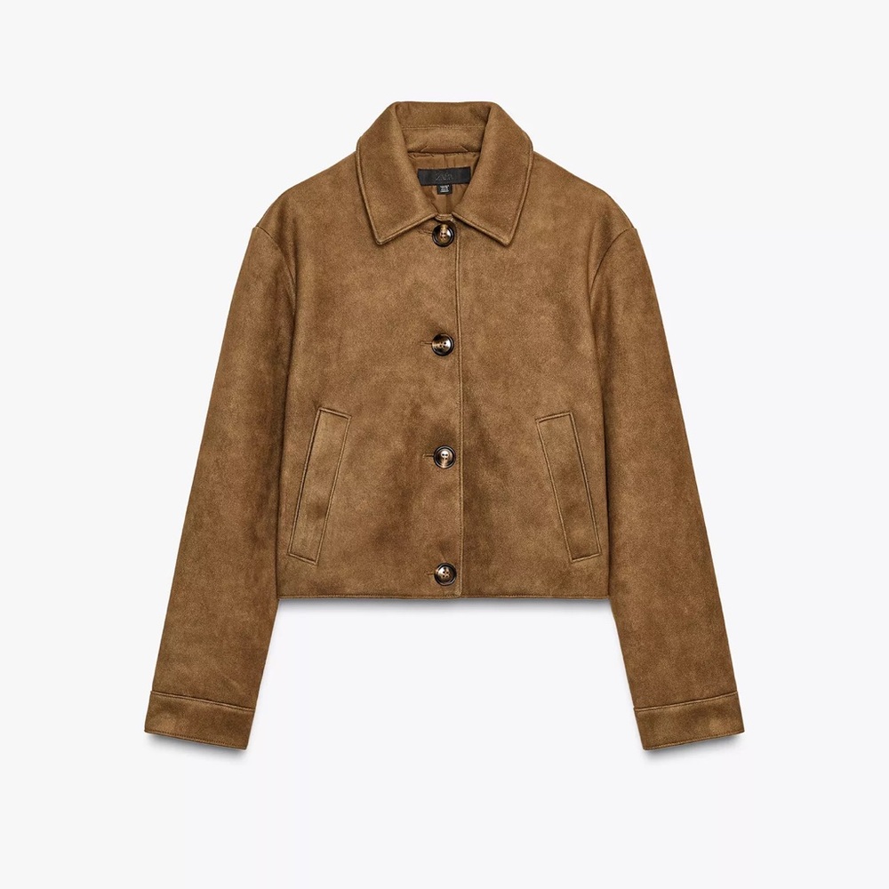 Cropped Suede Button-Front Jacket in Brown